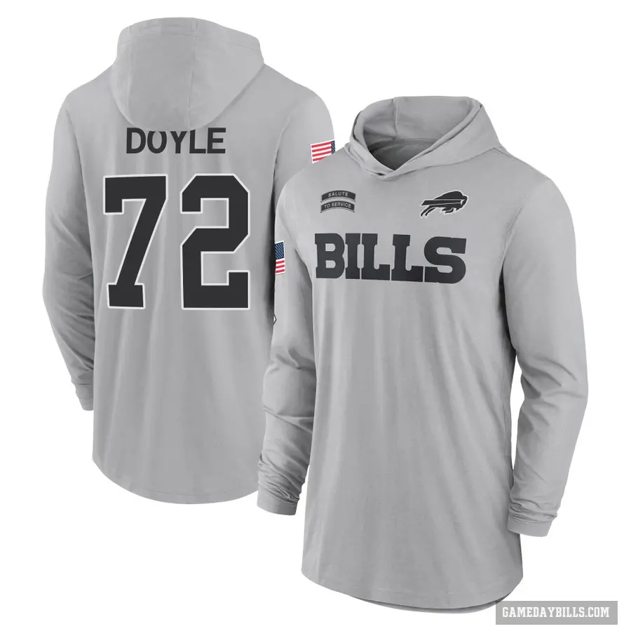 Men's ＃72 Tommy Doyle Buffalo Bills Gray 2024 Salute to Service Lightweight Performance Long Sleeve Hooded T-Shirt